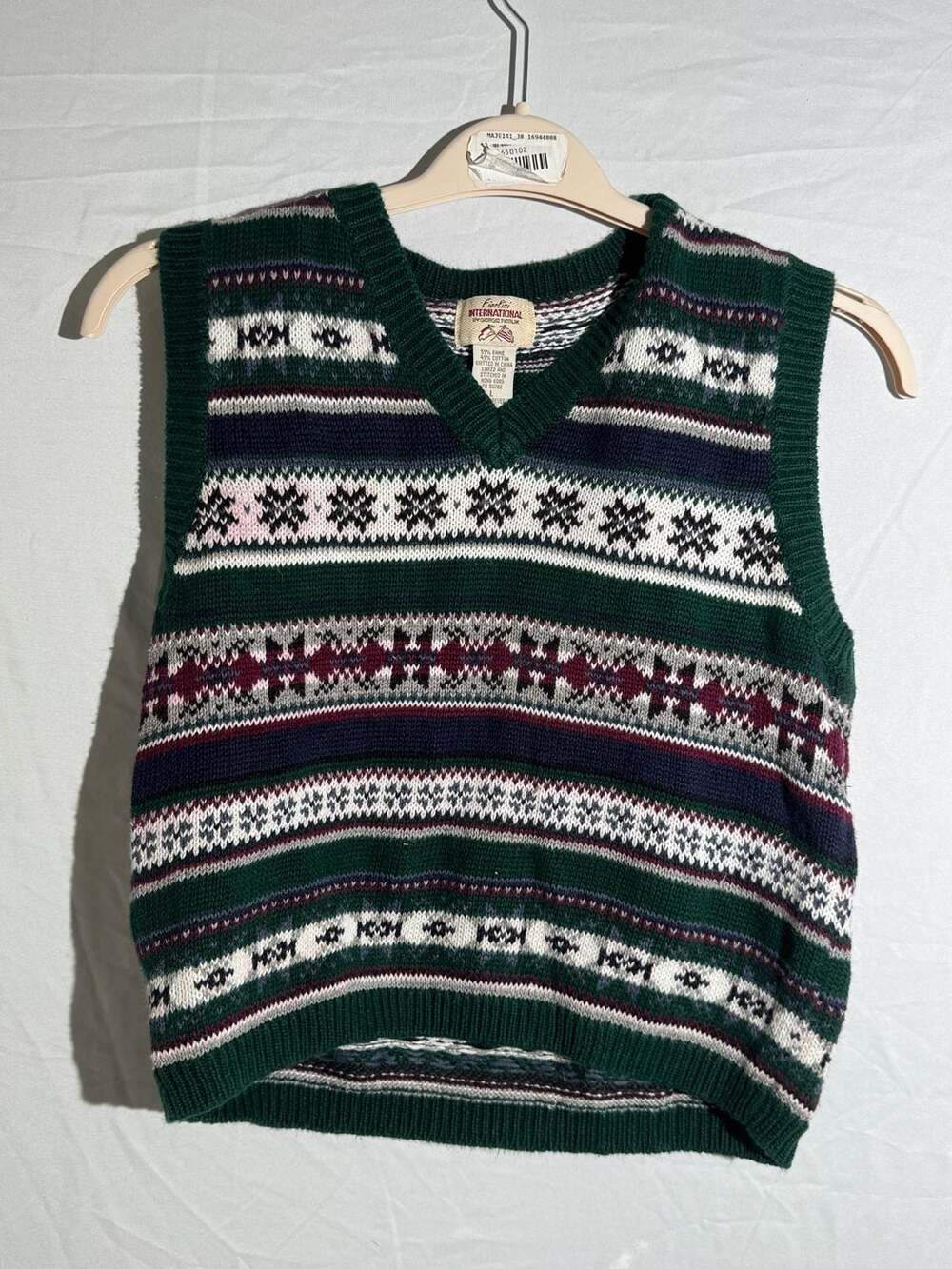 Vintage Fiorlini Knit Sweater Vest Womens Large Green Fair Isle V Neck Ramie Ble
